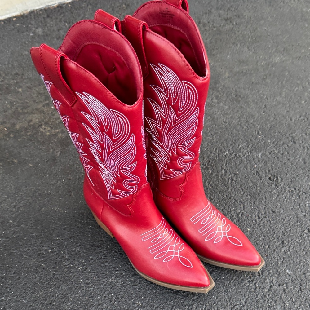 Red Embroidered Heeled Boots